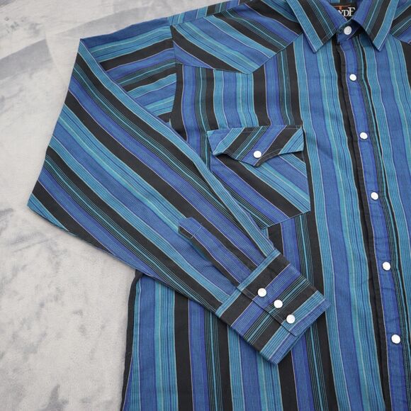 Pryde Shirt Mens L Blue Pinstriped Western Pearl Snap Long Sleeve - Picture 11 of 16